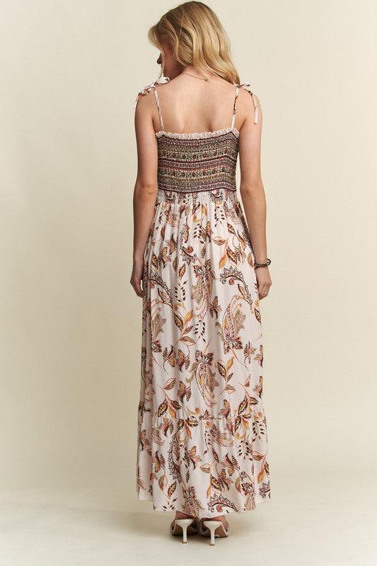 ADORA Smocked Printed Square Neck Tie Shoulder Cami Dress | Daverri Fashions