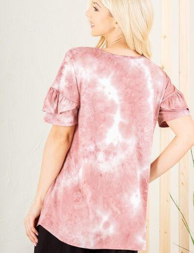 Heimish Full Size Ruffled Sleeve Tie Dye Top Plus Size | Tops Daverri Fashions