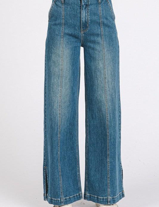 Mittoshop Medium Wash Seam Detail Wide Leg Denim Jeans | Jeans Daverri Fashions