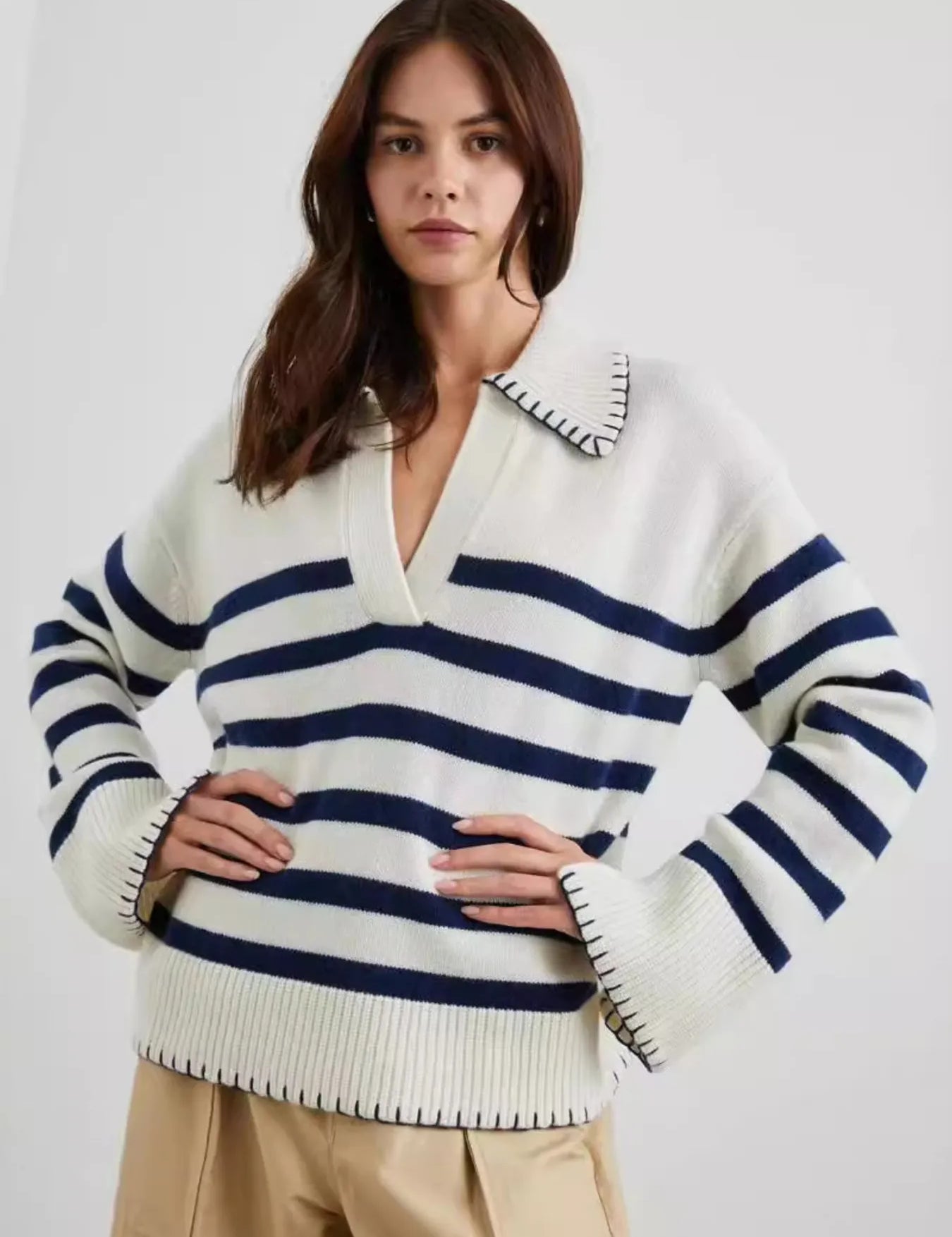 Stripe Striped Johnny Collar Sweater | Sweaters Daverri Fashions