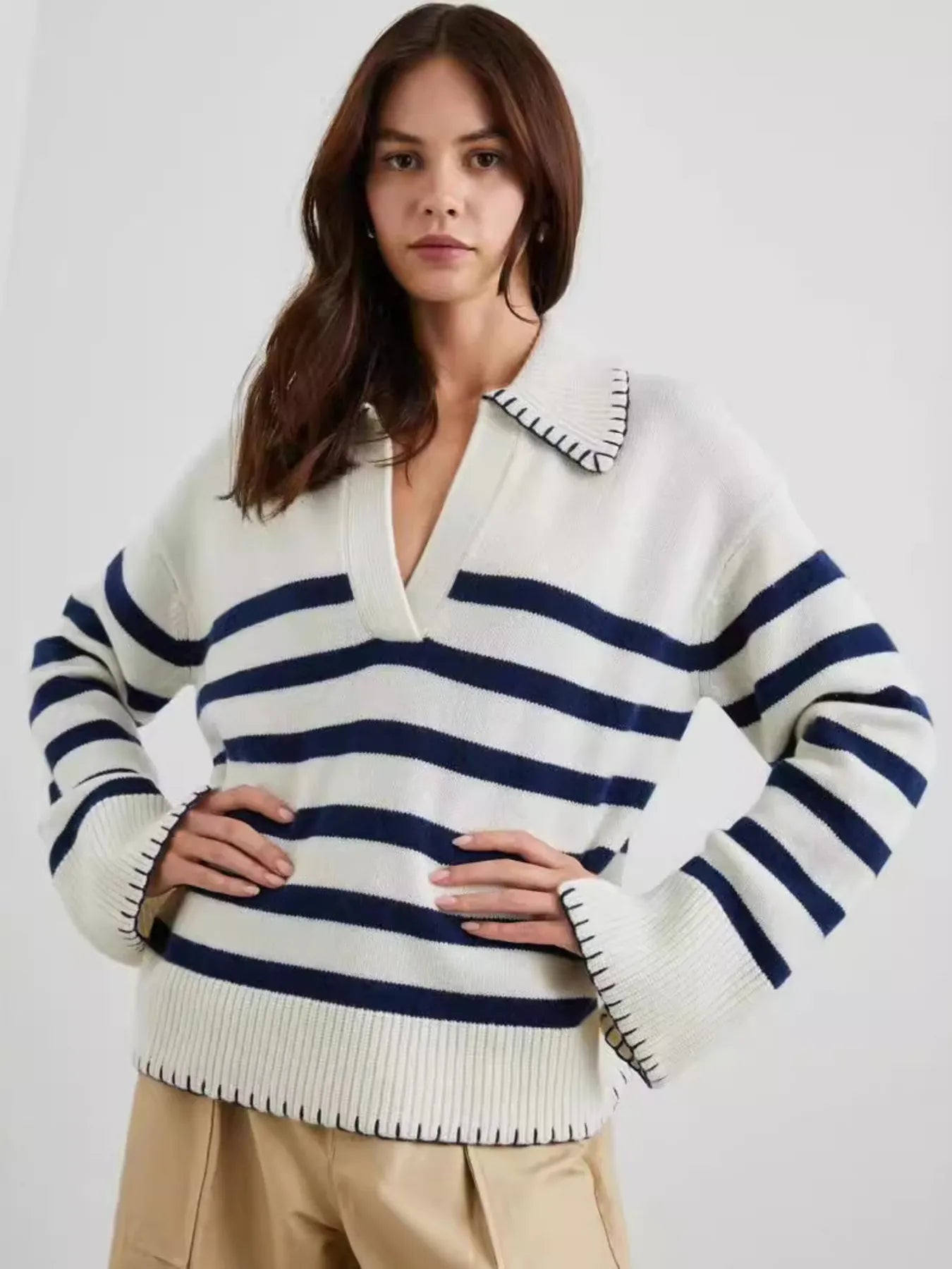 Stripe Striped Johnny Collar Sweater | Sweaters Daverri Fashions