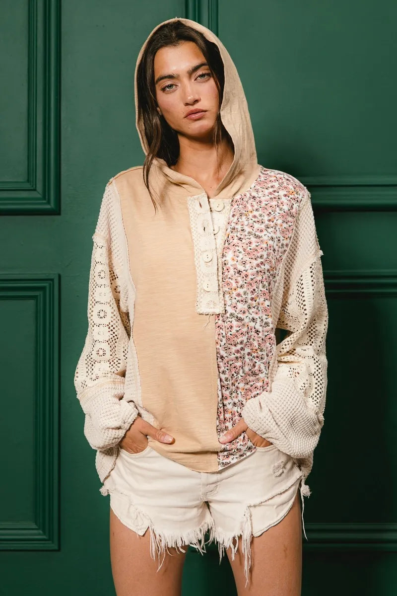 BiBi Slub Jersey with Lace Combo Buttoned Hoodie Top | Hoodies Daverri Fashions