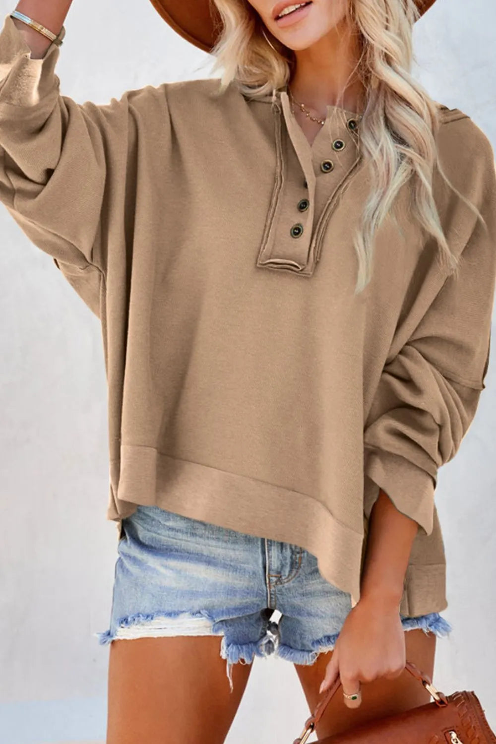 Khaki Exposed Seam Long Sleeve Hoodie | Hoodies Daverri Fashions