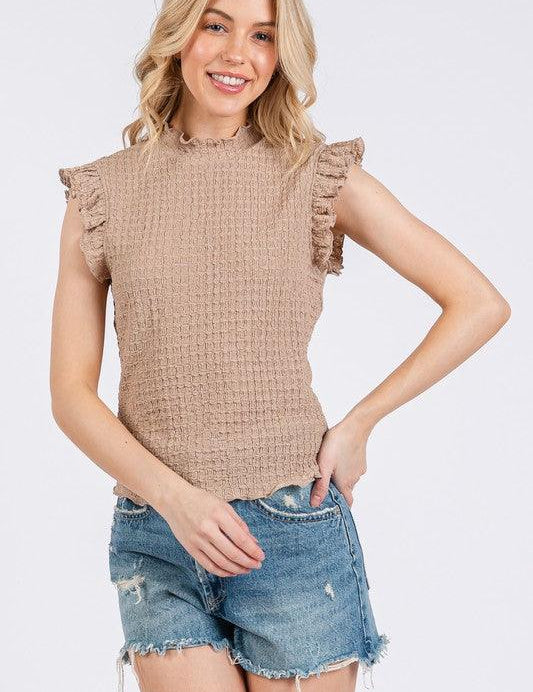 Camel Ces Femme Texture Mock Neck Ruffle Cap Sleeve Blouse | Blouses Daverri Fashions