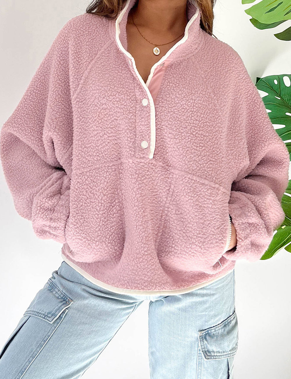 Fushia 100%Polyester Fushia Stand Neck Half Button Zip Pocket Plush Sweatshirt | Sweatshirts Daverri Fashions