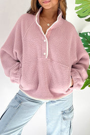 Fushia 100%Polyester Fushia Stand Neck Half Button Zip Pocket Plush Sweatshirt | Sweatshirts Daverri Fashions