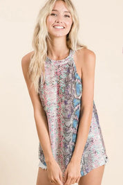 BiBi Snakeskin Print Low Gauge Hacci Knit Halter | Daverri Fashions
