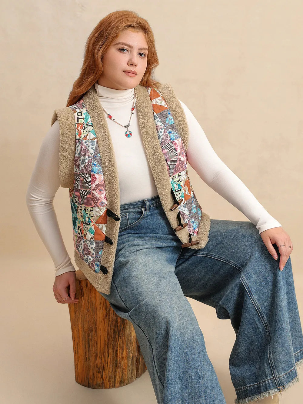 Plus Size Printed Sherpa Vest Coat | Daverri Fashions