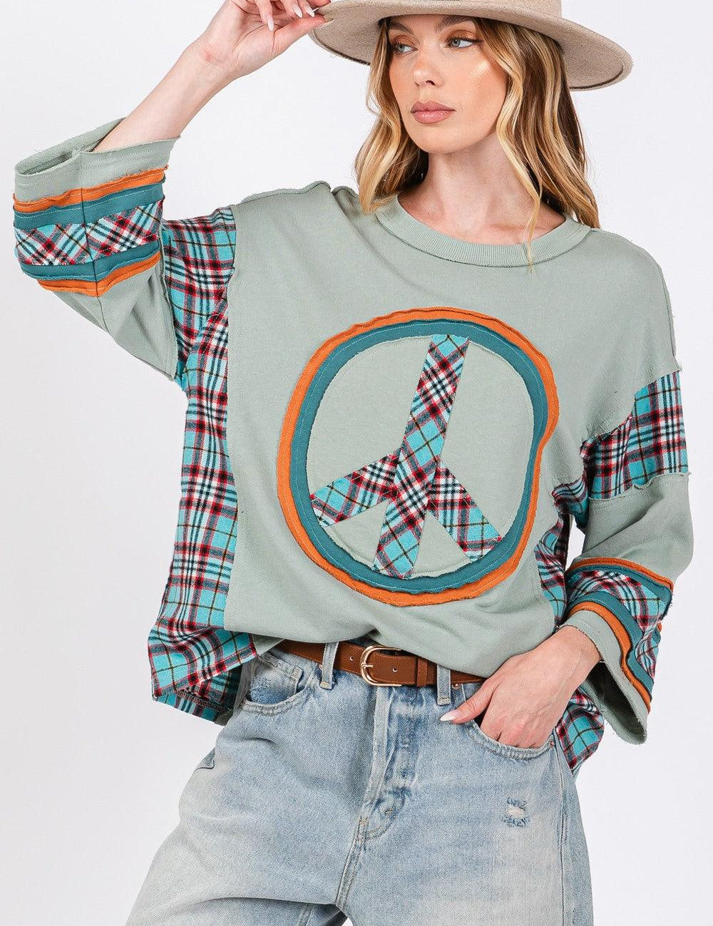 Autumn Sage SAGE + FIG Peace Applique Patch Contrast Plaid Top | Tops Daverri Fashions