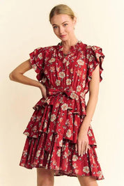 Davi & Dani Ruffle Flutter Sleeve Tie Belt Tiered Mini Dress | Mini Dresses Daverri Fashions