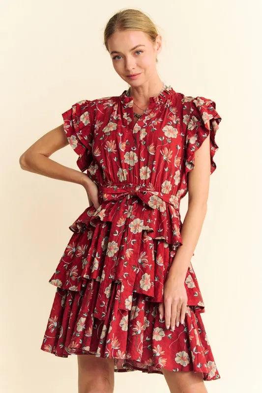 Davi & Dani Ruffle Flutter Sleeve Tie Belt Tiered Mini Dress | Mini Dresses Daverri Fashions