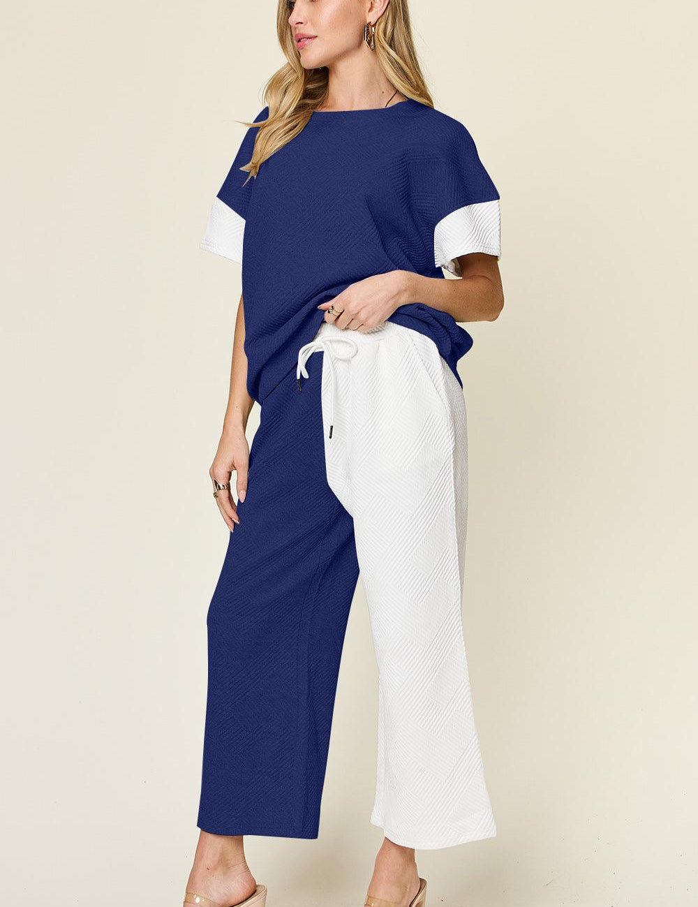 Double Take Full Size Texture Contrast T-Shirt and Wide Leg Pants Set | Outfit Sets Daverri Fashions