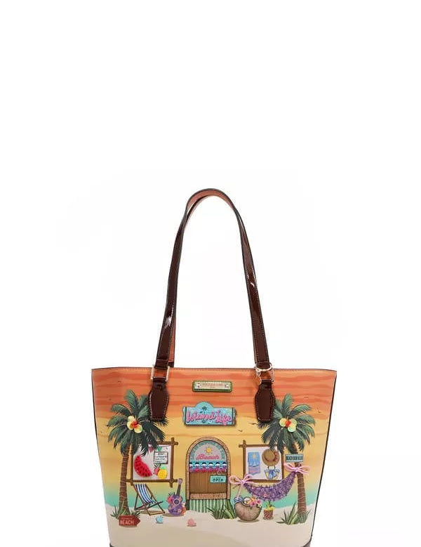 SUN AND SAND OS Tropical Beach House Print Shopper Bag | Totes Daverri Fashions