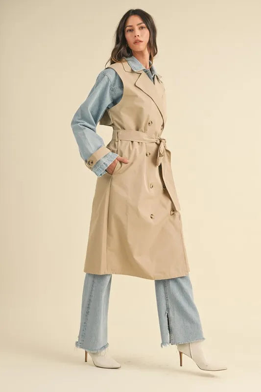 MABLE Layered Look Trench Coat With Denim Jacket | Daverri Fashions