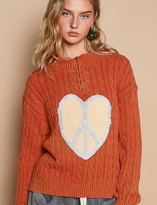Orange-Red L POL Cable-Knit Peace Patch Dropped Shoulder Sweater | Daverri Fashions