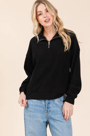 BOMBOM Quarter Zip Long Sleeve Sweatshirt with Pockets | Sweatshirts Daverri Fashions