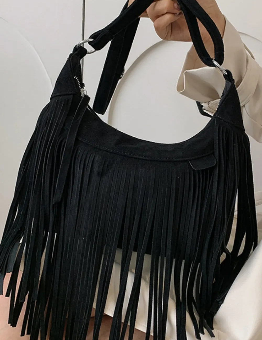 Black One Size Suede Fringe Adjustable Strap Shoulder Bag | Handbags Daverri Fashions
