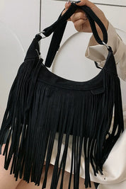 Black One Size Suede Fringe Adjustable Strap Shoulder Bag | Handbags Daverri Fashions