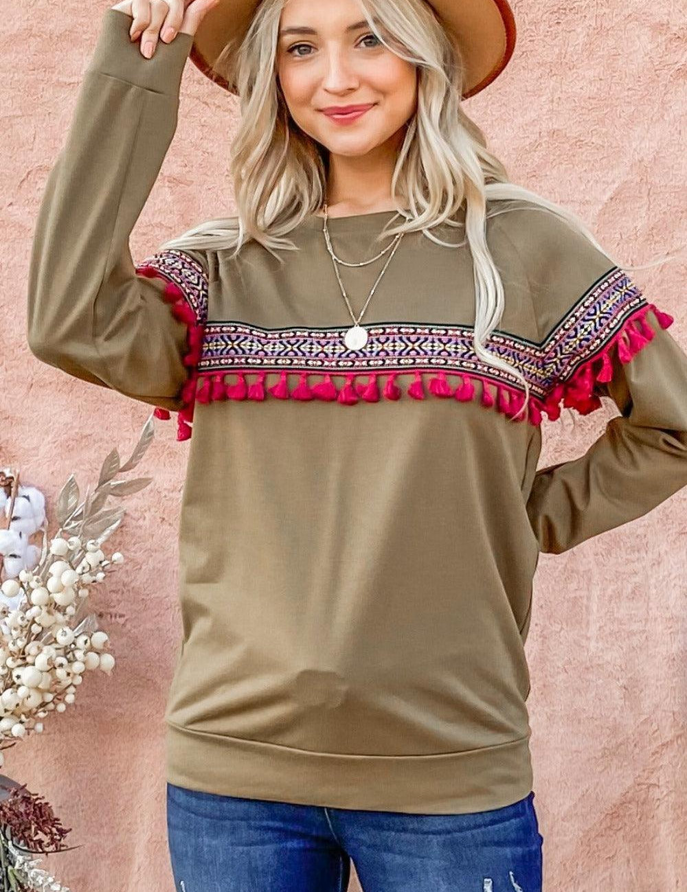 Olive And The Why Ethnic Ribbon Tassel Trim Top | Tops Daverri Fashions