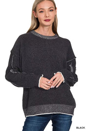 BLACK Zenana Exposed Seam Round Neck Two-Tone Sweater | Sweaters Daverri Fashions