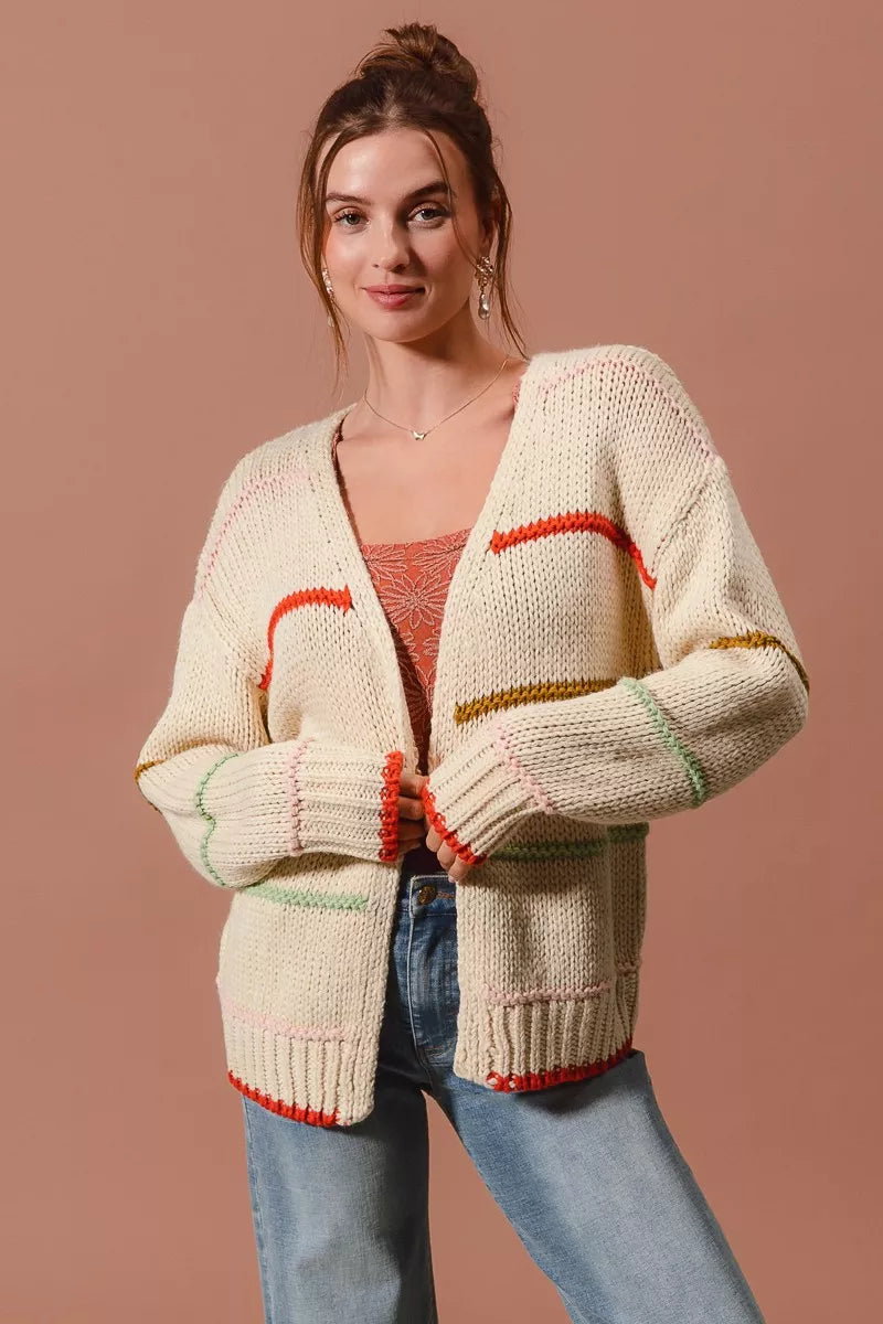 SO ME Loose Fit Multi Stripe Open Front Cardigan | Daverri Fashions