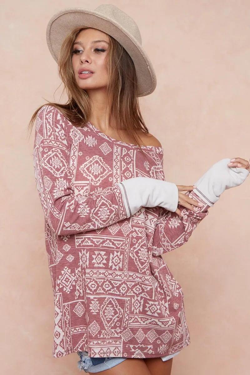 BiBi Aztec Print French Terry Top with Thumb Opening | Tops Daverri Fashions