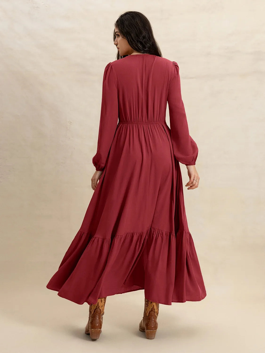 V-Neck Balloon Sleeve Ruffled Hem Maxi Dress | Daverri Fashions