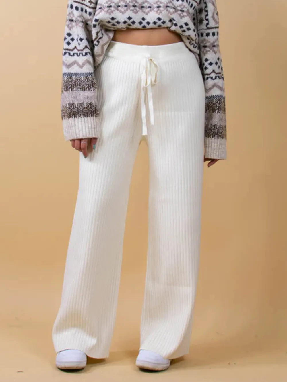 White Ribbed Wide Leg Sweater Pants | Bottoms Daverri Fashions