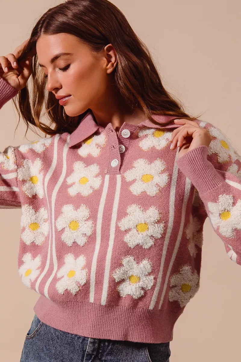 SO ME Floral Stripe Polo Collar Sweater | Sweaters Daverri Fashions