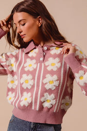 SO ME Floral Stripe Polo Collar Sweater | Sweaters Daverri Fashions