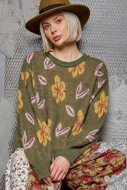 POL Floral Pattern Round Neck Balloon Sleeve Sweater | Sweaters Daverri Fashions