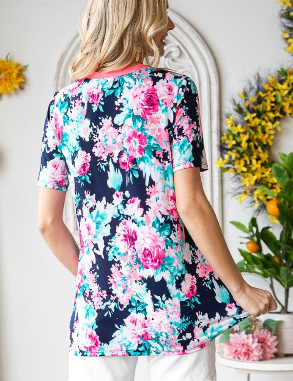 Heimish Full Size Floral V-Neck Short Sleeve T-Shirt | Daverri Fashions