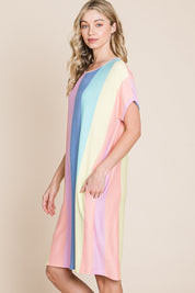 BOMBOM Striped Short Sleeve Dress with Pockets | Daverri Fashions
