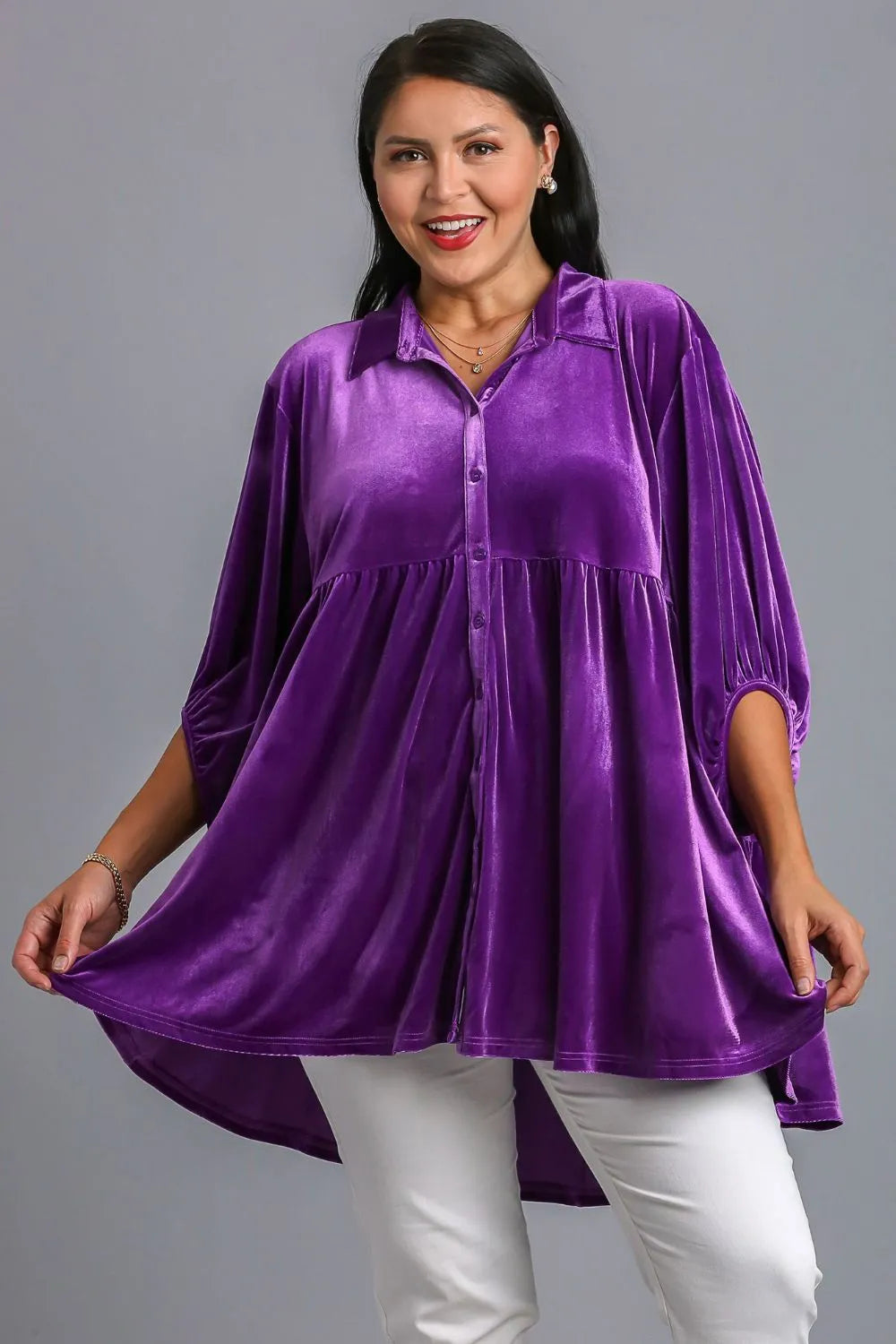 Umgee Full Size Button Down Tiered Back High Low Shirt | Daverri Fashions