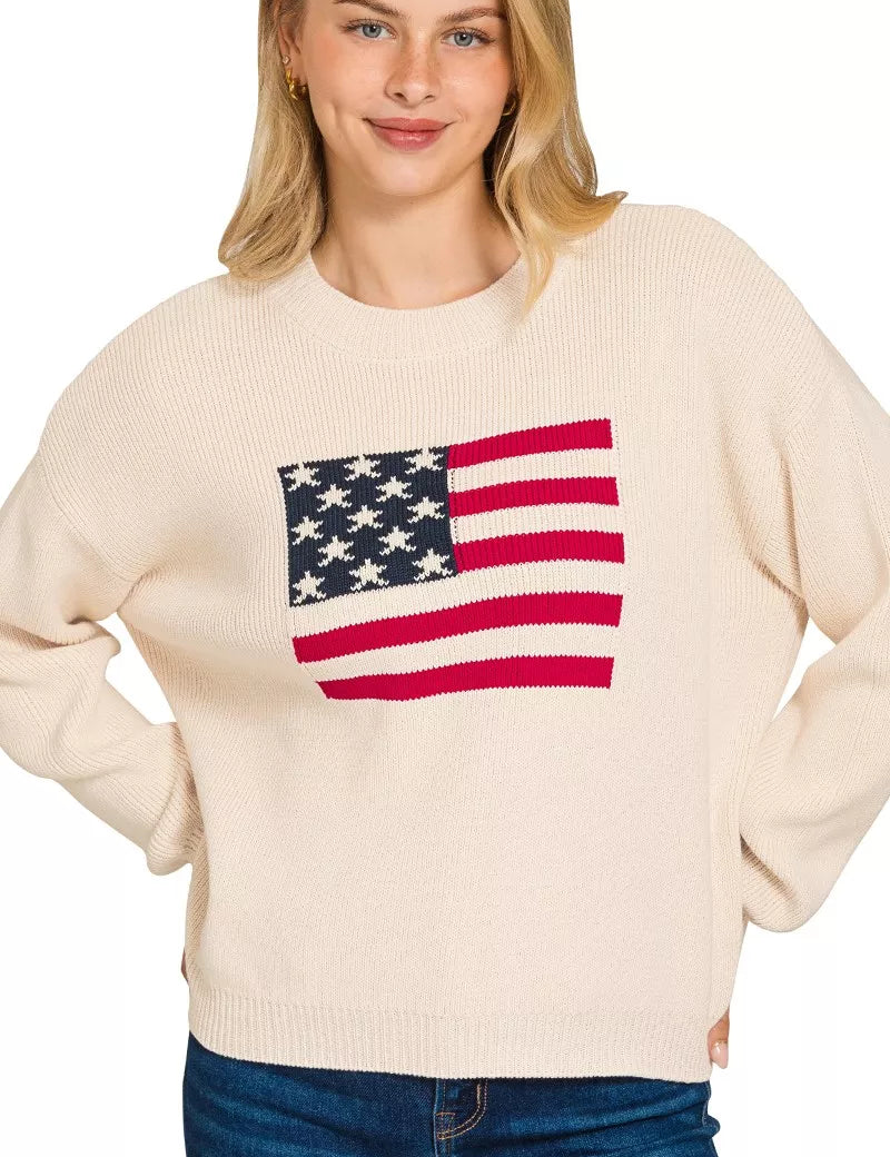 LT BEIGE Zenana American Flag Crew Neck Sweater | Daverri Fashions