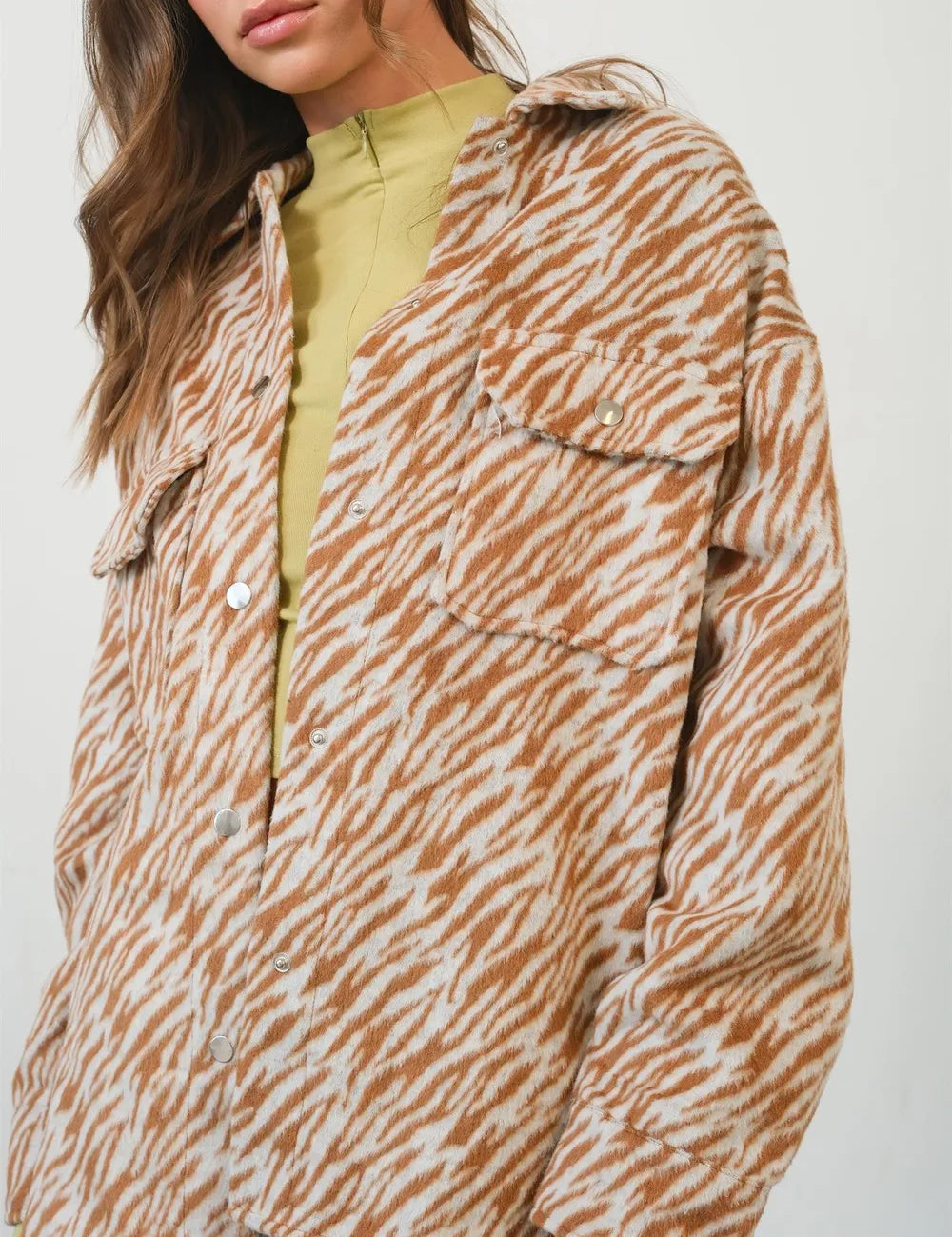 Camel HYFVE Zebra Print Snap Down Long Sleeve Shacket | Daverri Fashions