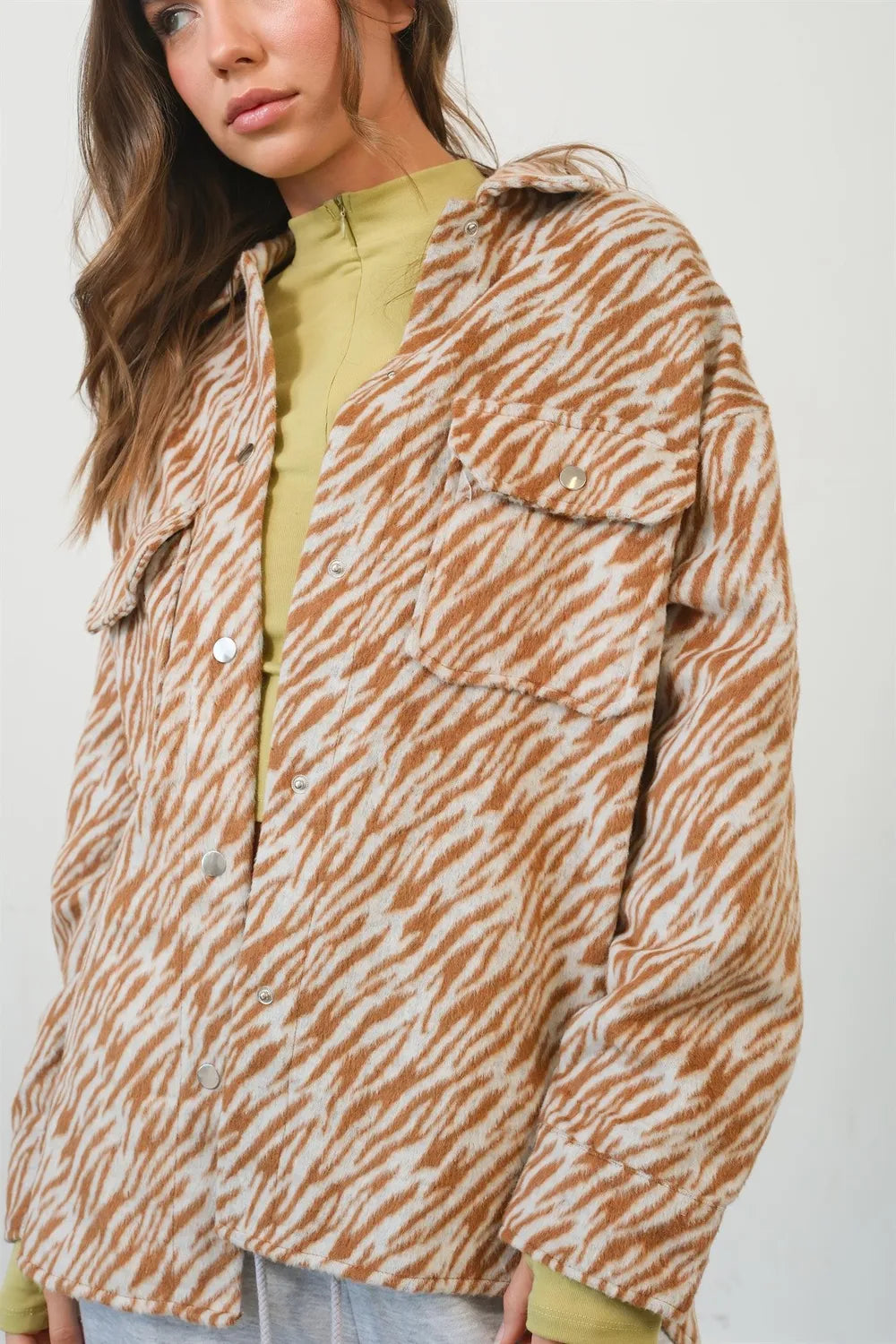 Camel HYFVE Zebra Print Snap Down Long Sleeve Shacket | Daverri Fashions