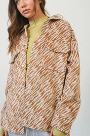 Camel HYFVE Zebra Print Snap Down Long Sleeve Shacket | Daverri Fashions
