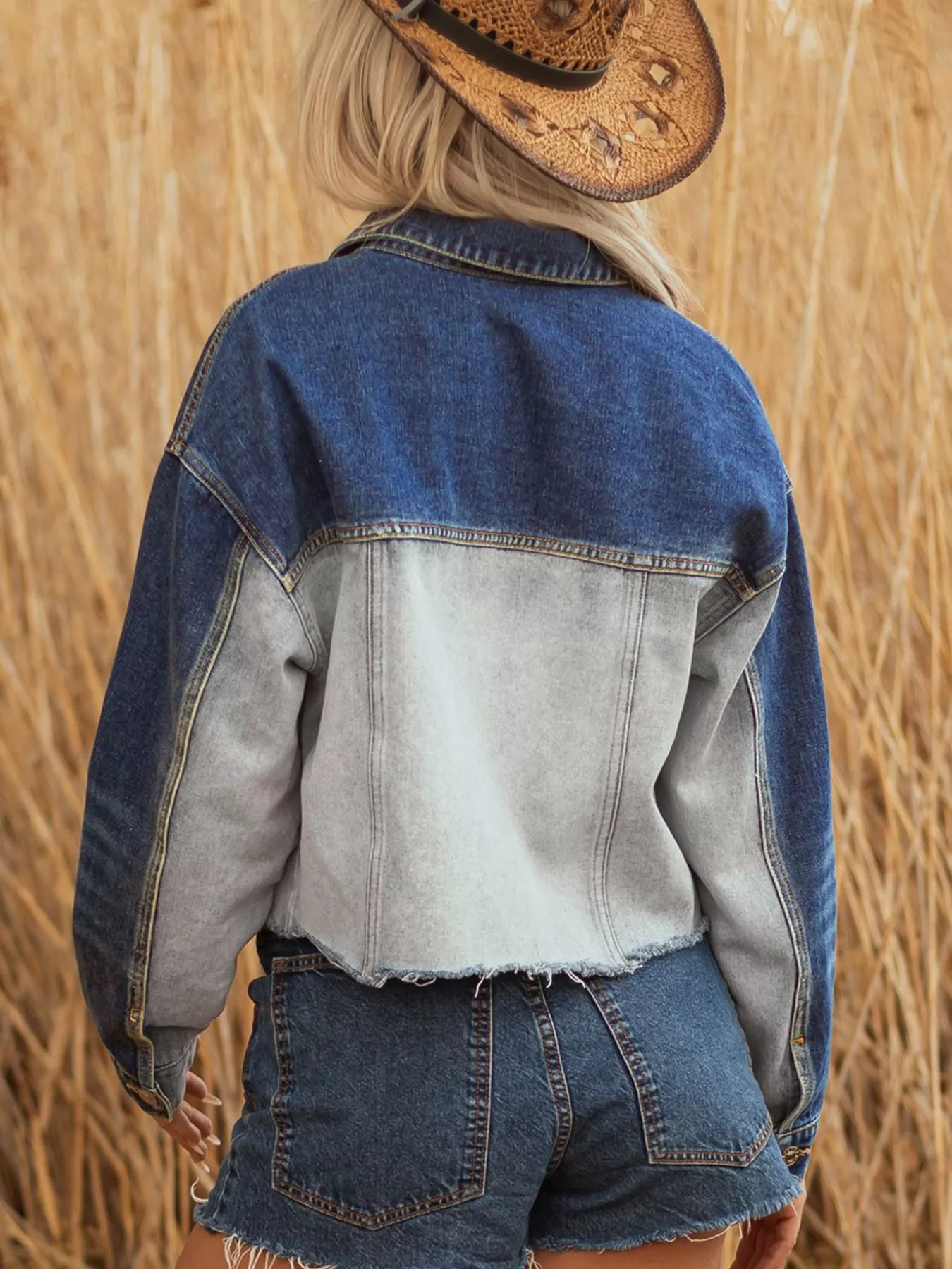 Color Block Patchwork Raw Hem Denim Jacket | Denim Jackets Daverri Fashions