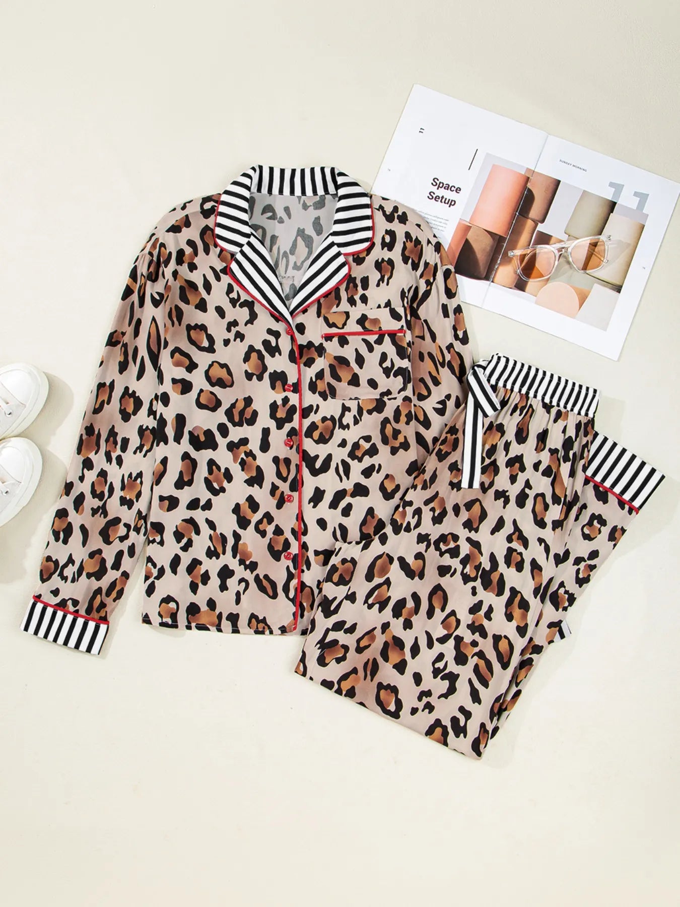 Leopard and Striped Trim Shirt and Pants Set | Loungewear Sets Daverri Fashions