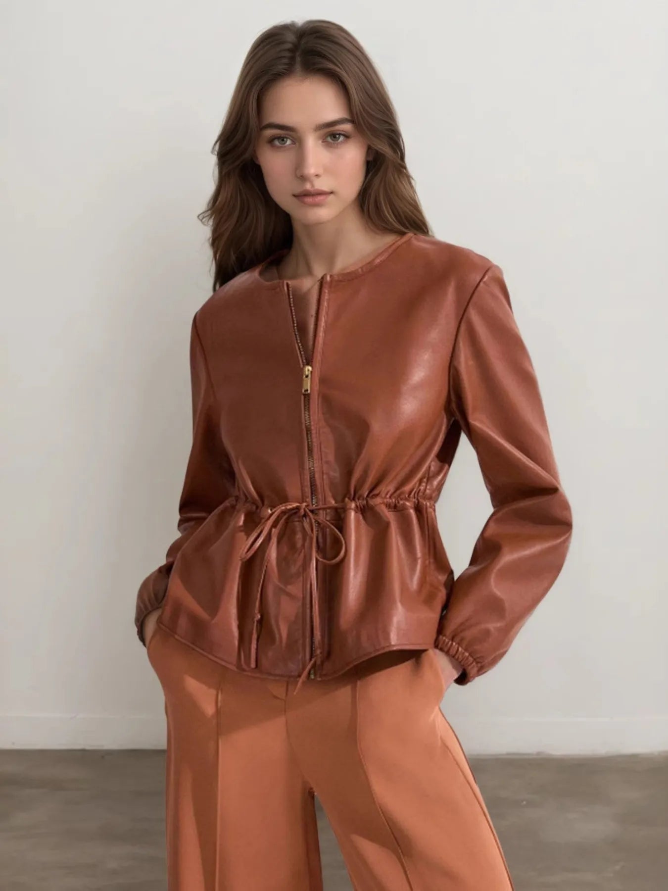 Brown Drawstring Zip Up Leather Jacket | Jackets Daverri Fashions