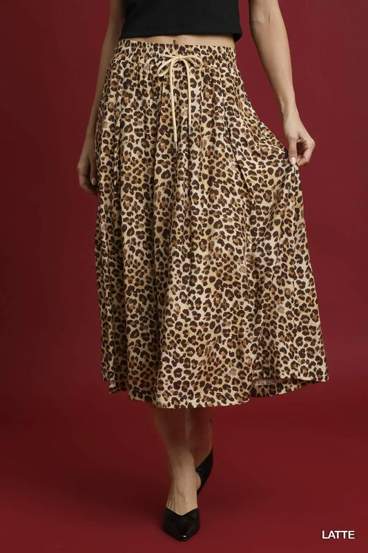 Umgee Drawstring Leopard Midi Skirt - DAVERRI FASHIONS