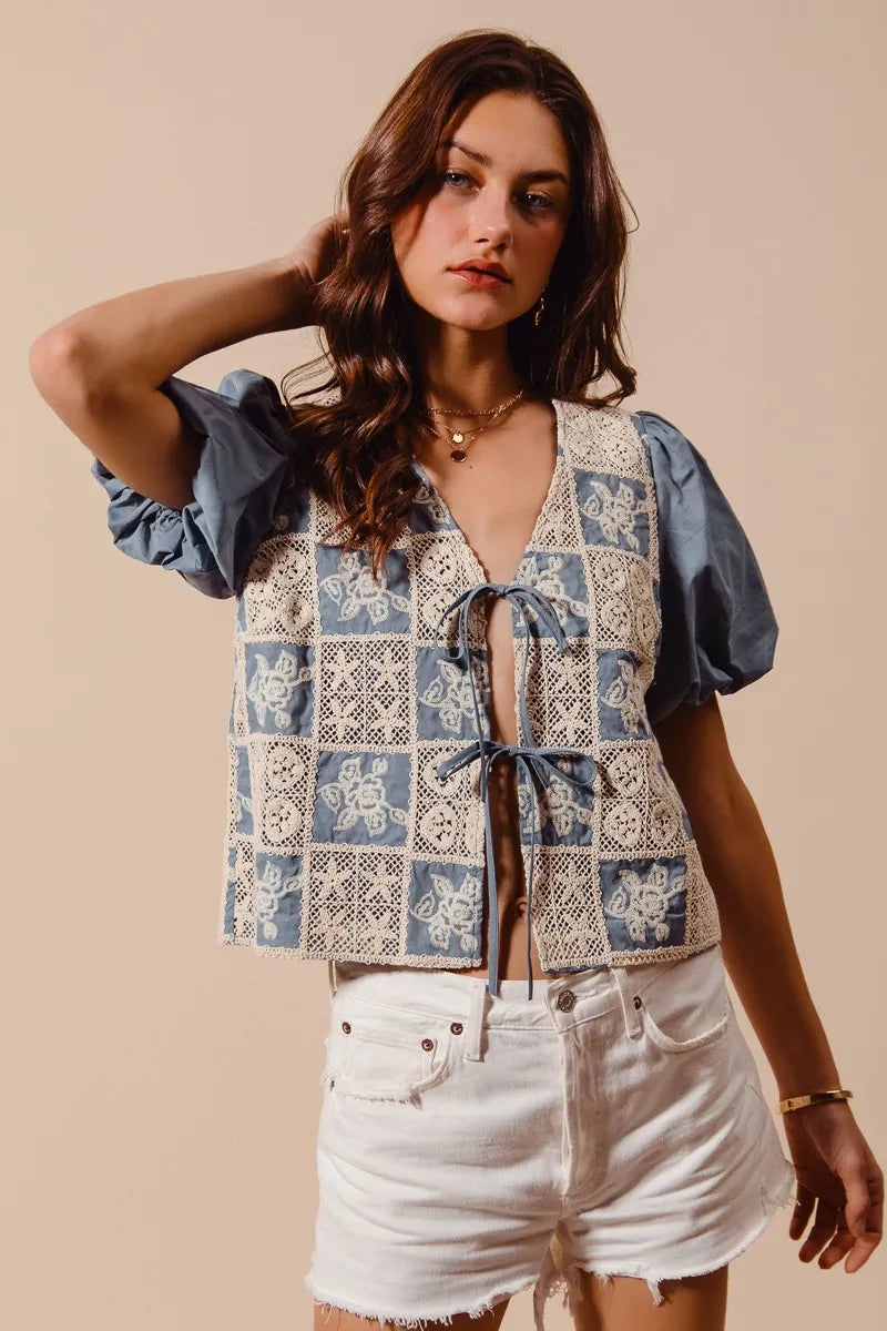 SO ME Crochet Lace Tie Front V Neck Blouse Top | Daverri Fashions