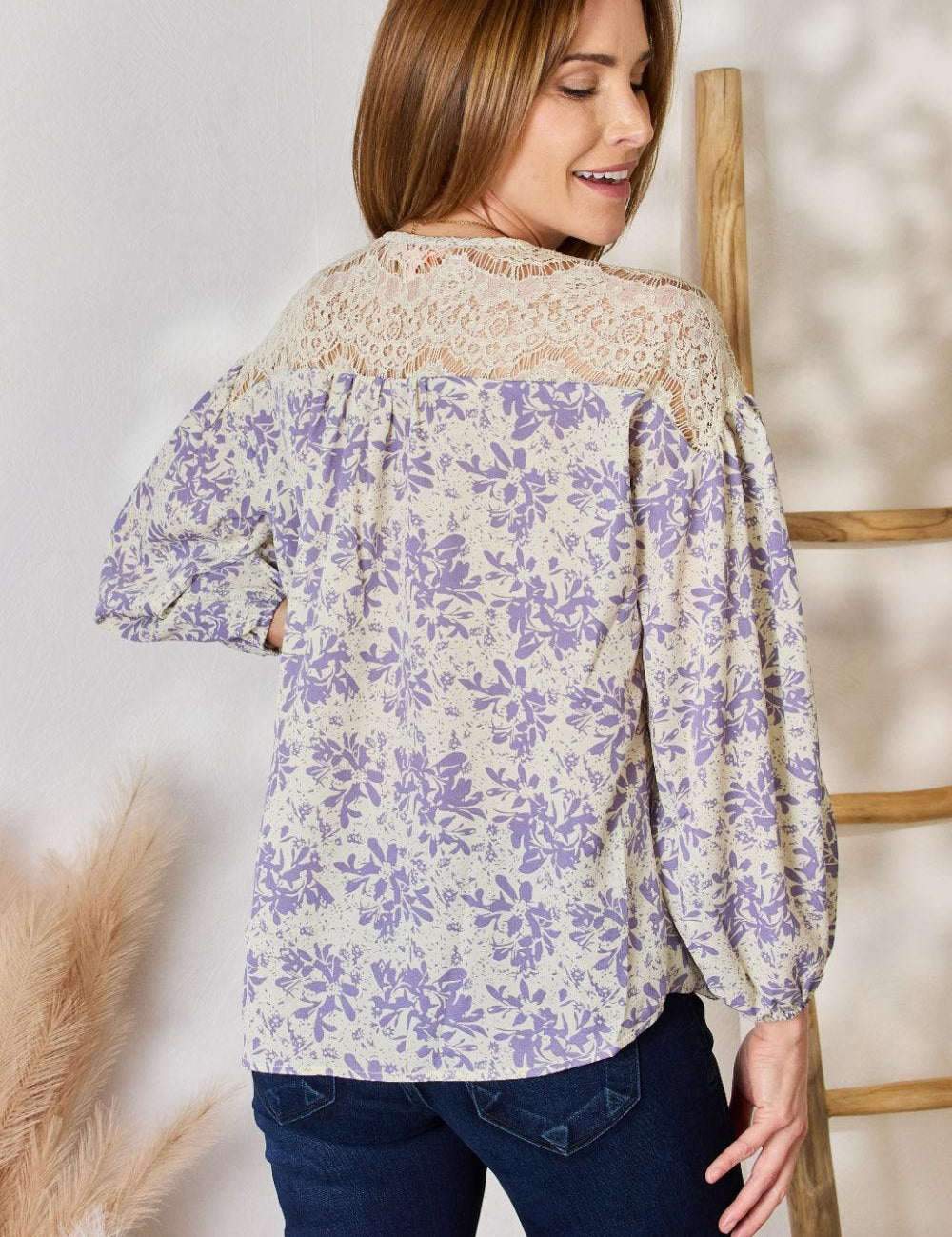 Hailey & Co Full Size Lace Detail Printed Blouse | Blouses Daverri Fashions