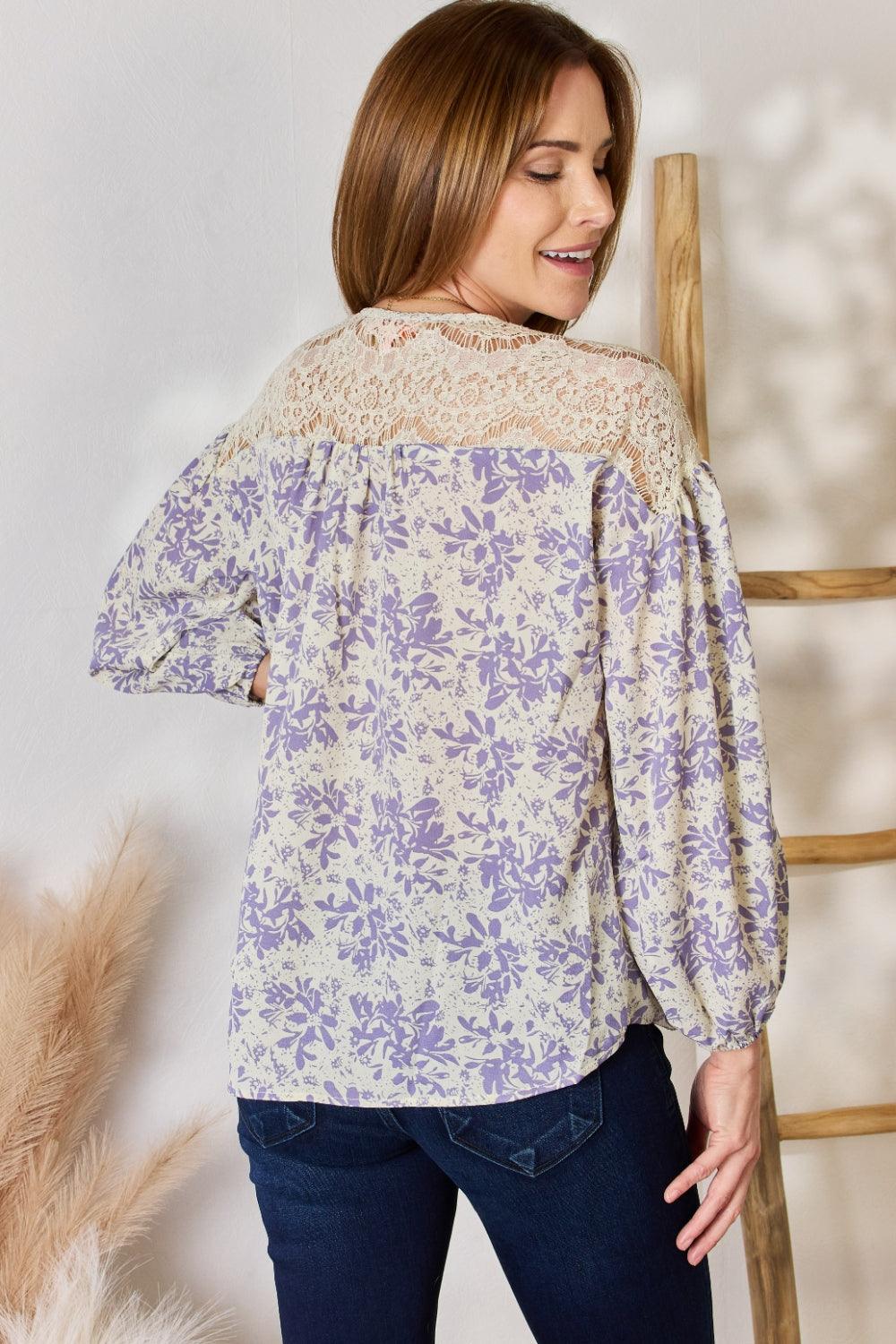 Hailey & Co Full Size Lace Detail Printed Blouse | Blouses Daverri Fashions
