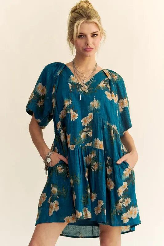 Teal Blue S Davi & Dani Floral Print Short Bell Sleeve Pleated Mini Dress | Mini Dresses Daverri Fashions