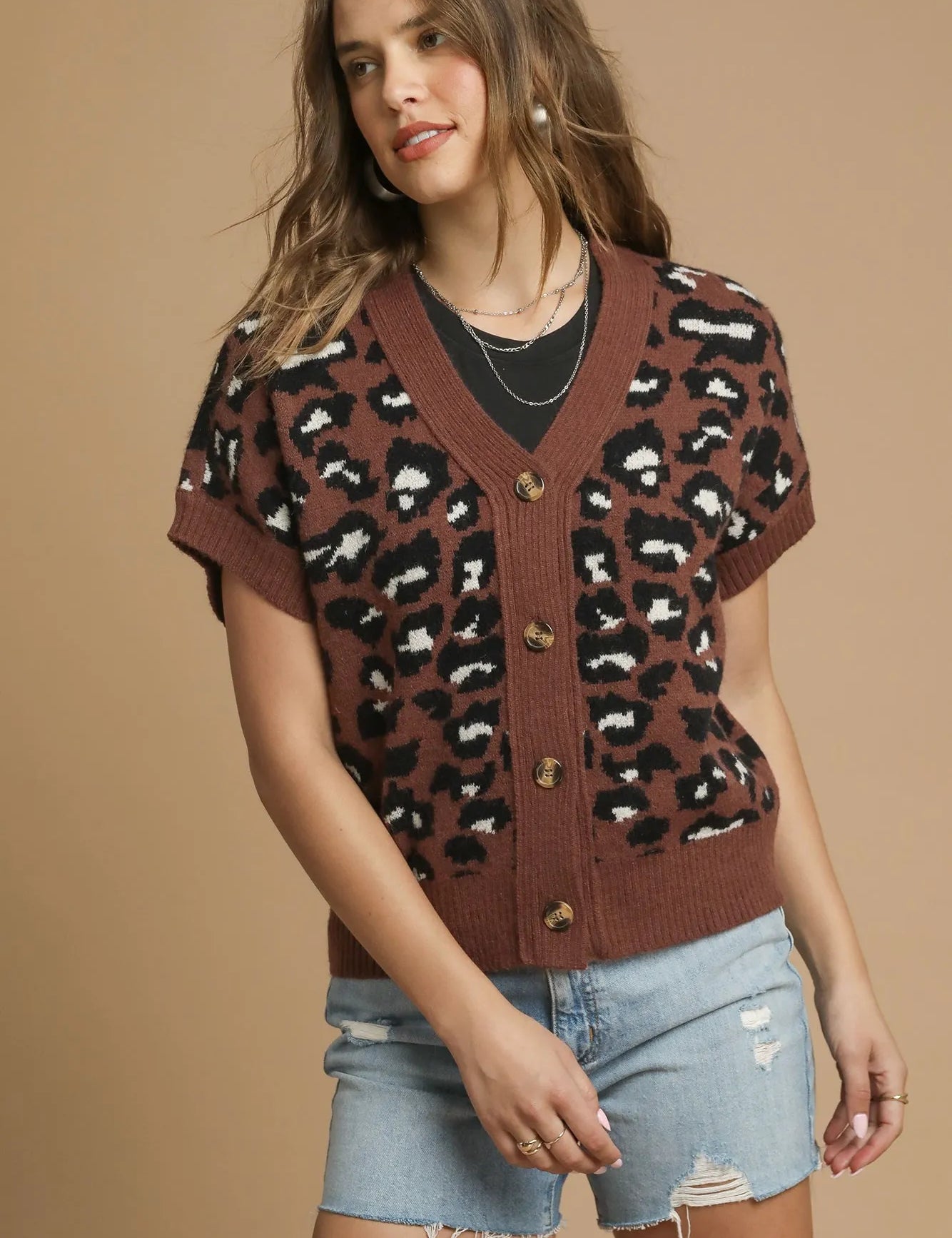 Brown Umgee Leopard Button Down Short Sleeve Cardigan | Cardigans Daverri Fashions