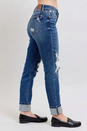 Judy Blue Full Size Mid Rise Boyfriend destroy Jeans with Yoke Pockets and Faux Selvedge Cuff Plus Size | Daverri Fashions