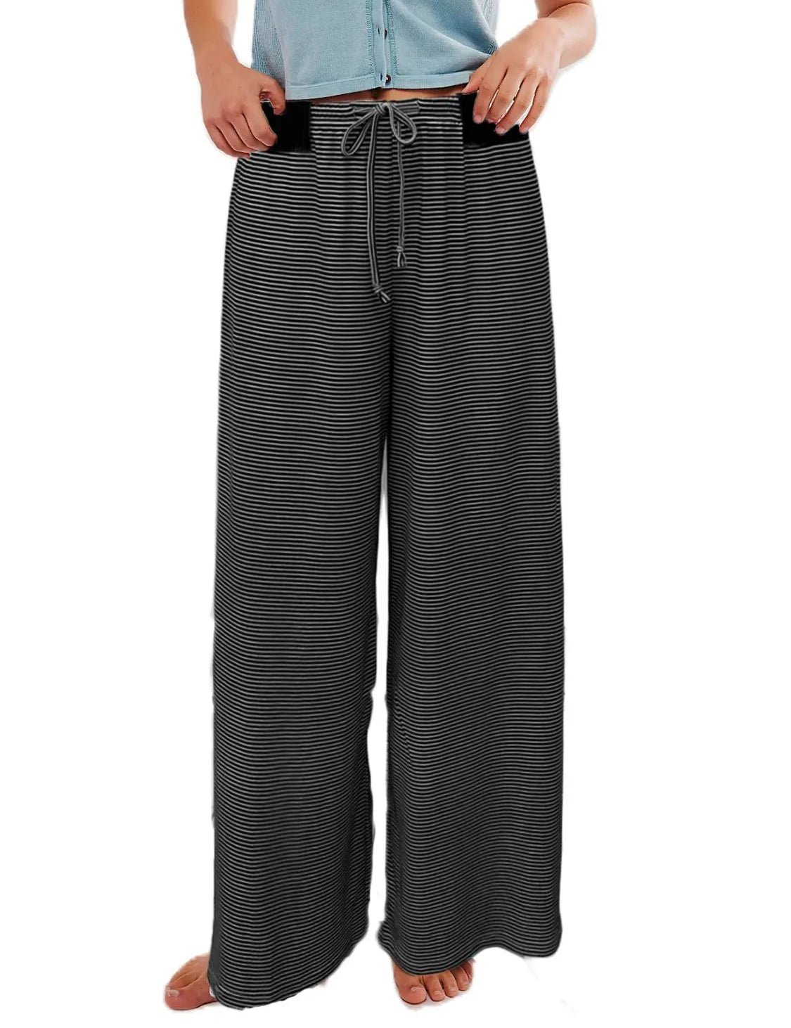 Black Drawstring Striped Wide Leg Pants | Loungewear Bottoms Daverri Fashions