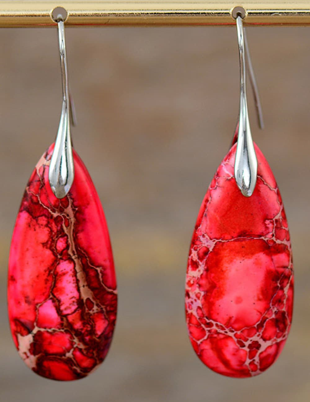 Red Silver One Size Handmade Teardrop Shape Natural Stone Dangle Earrings | Earrings Daverri Fashions